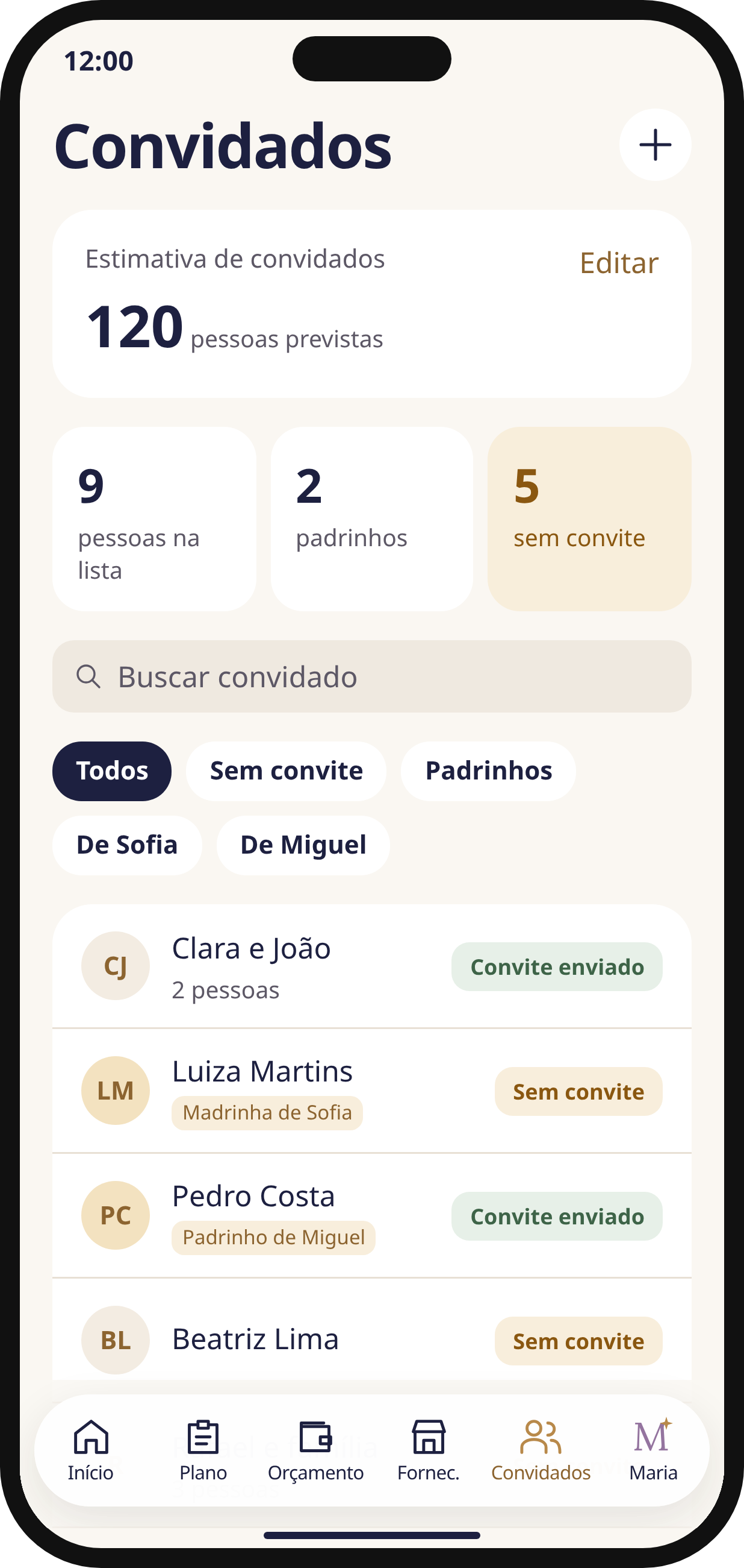 Tela Convidados do protótipo Noivos AI: lista de pessoas e organização dos convidados