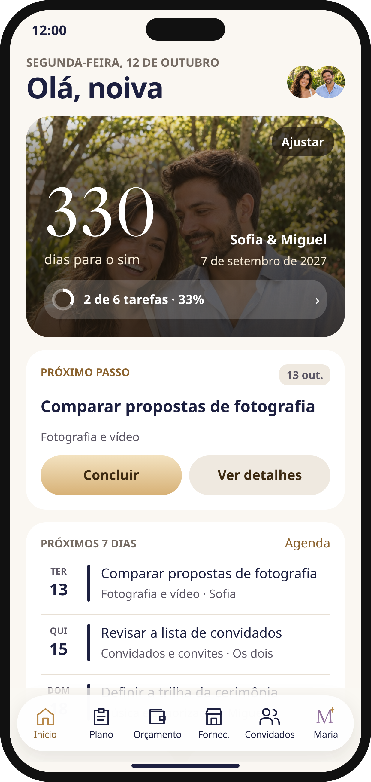 Tela inicial do Noivos AI com contagem regressiva e próximas tarefas