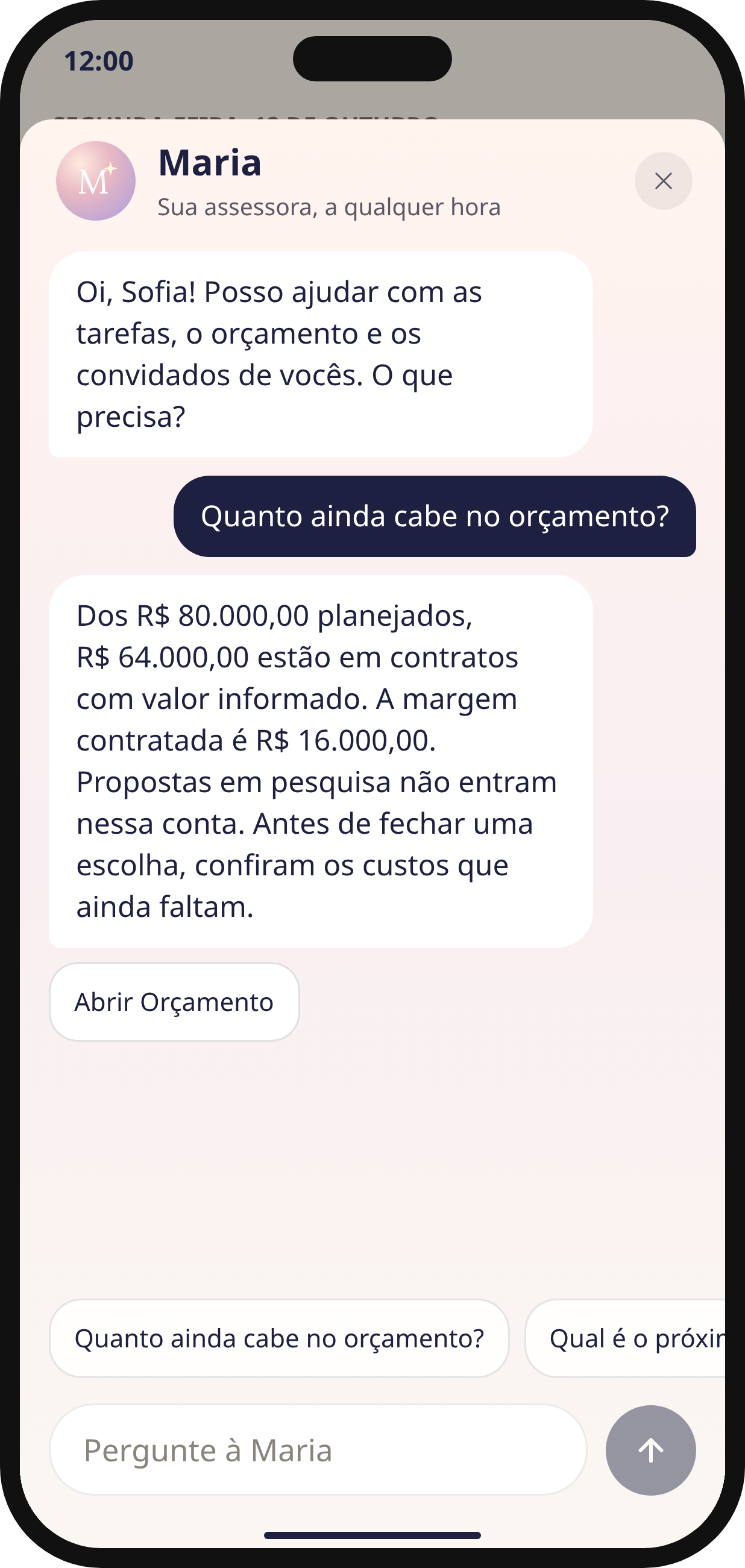 Tela da Maria no protótipo Noivos AI, com uma conversa sobre o orçamento