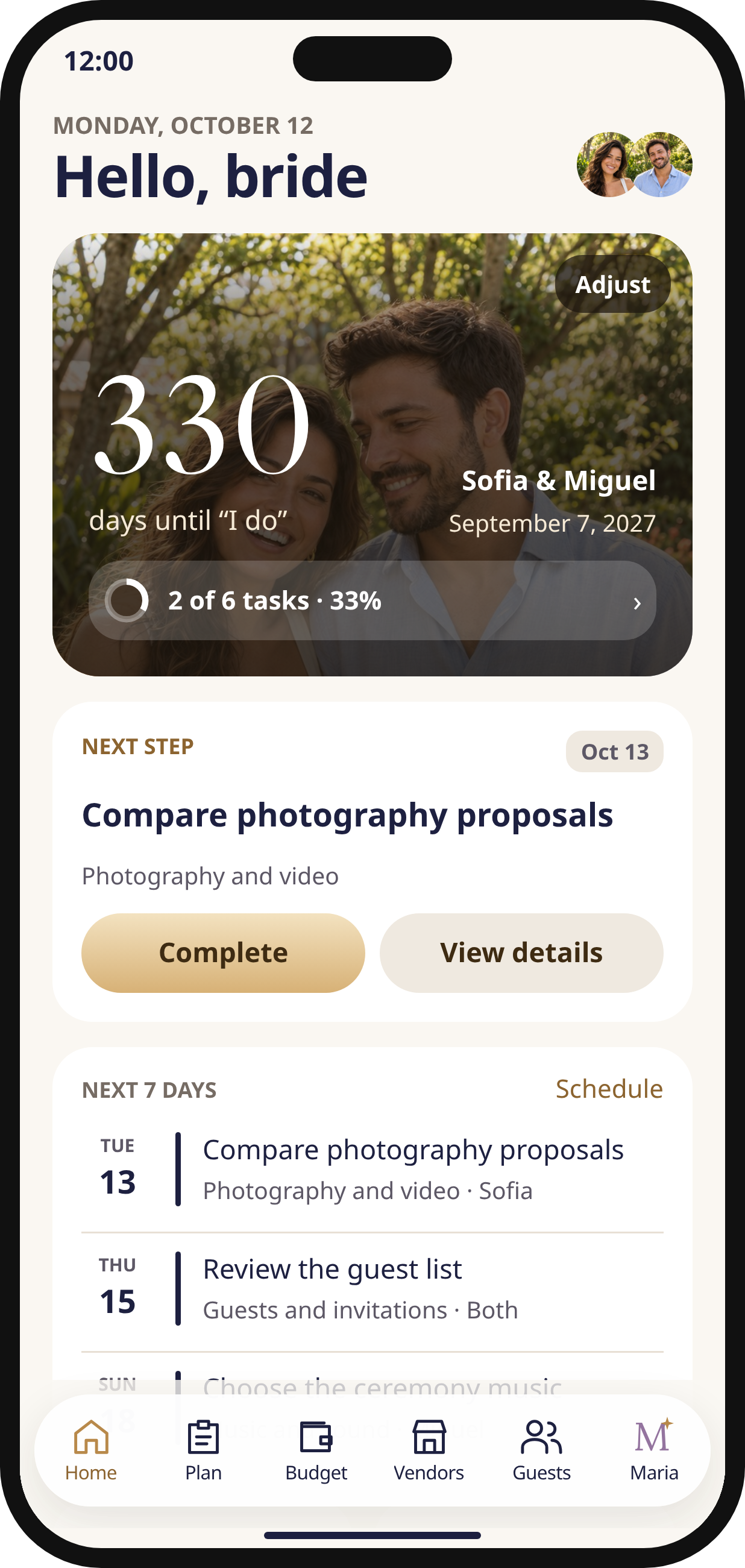Noivos AI home screen with countdown and upcoming tasks