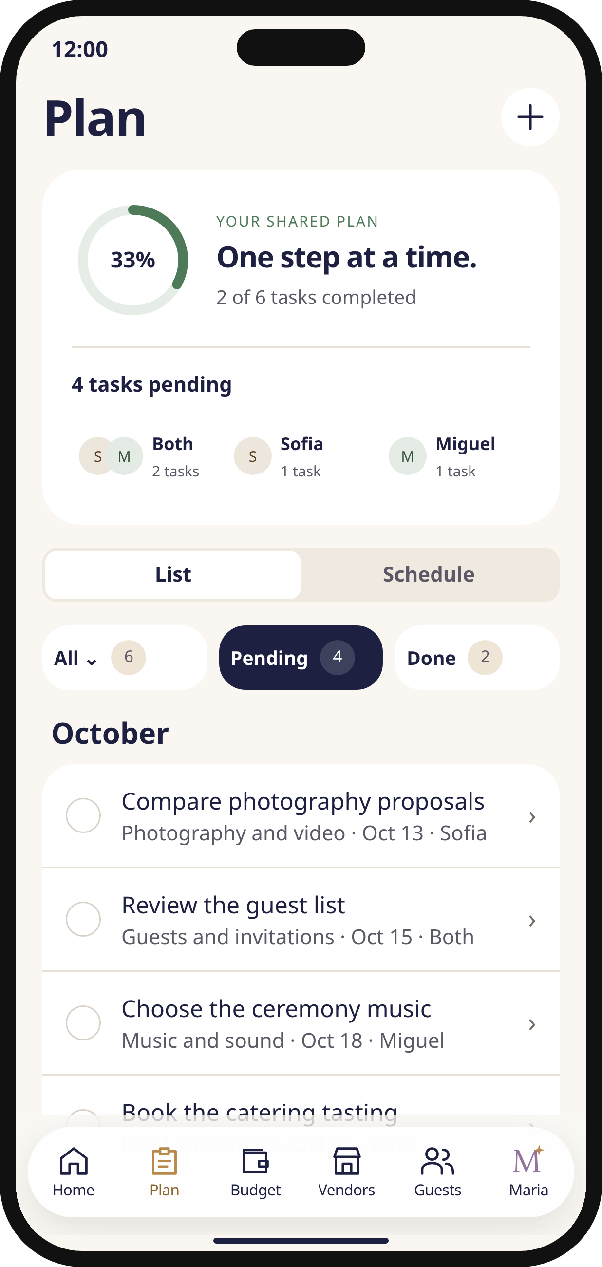 Noivos AI Plan prototype screen: wedding tasks, due dates and people responsible