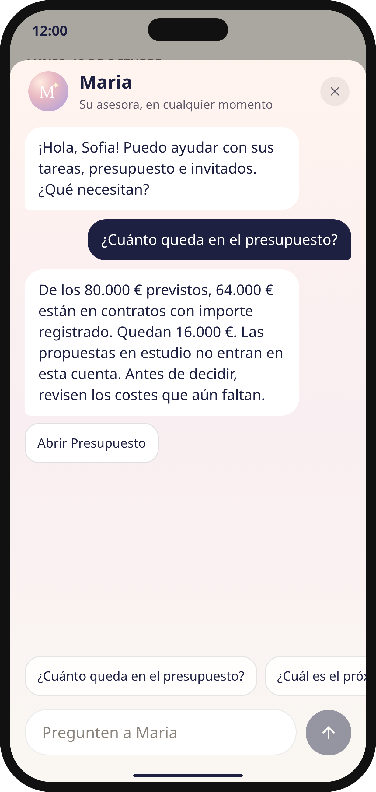 Pantalla de Maria en el prototipo Noivos AI, con una conversación sobre el presupuesto
